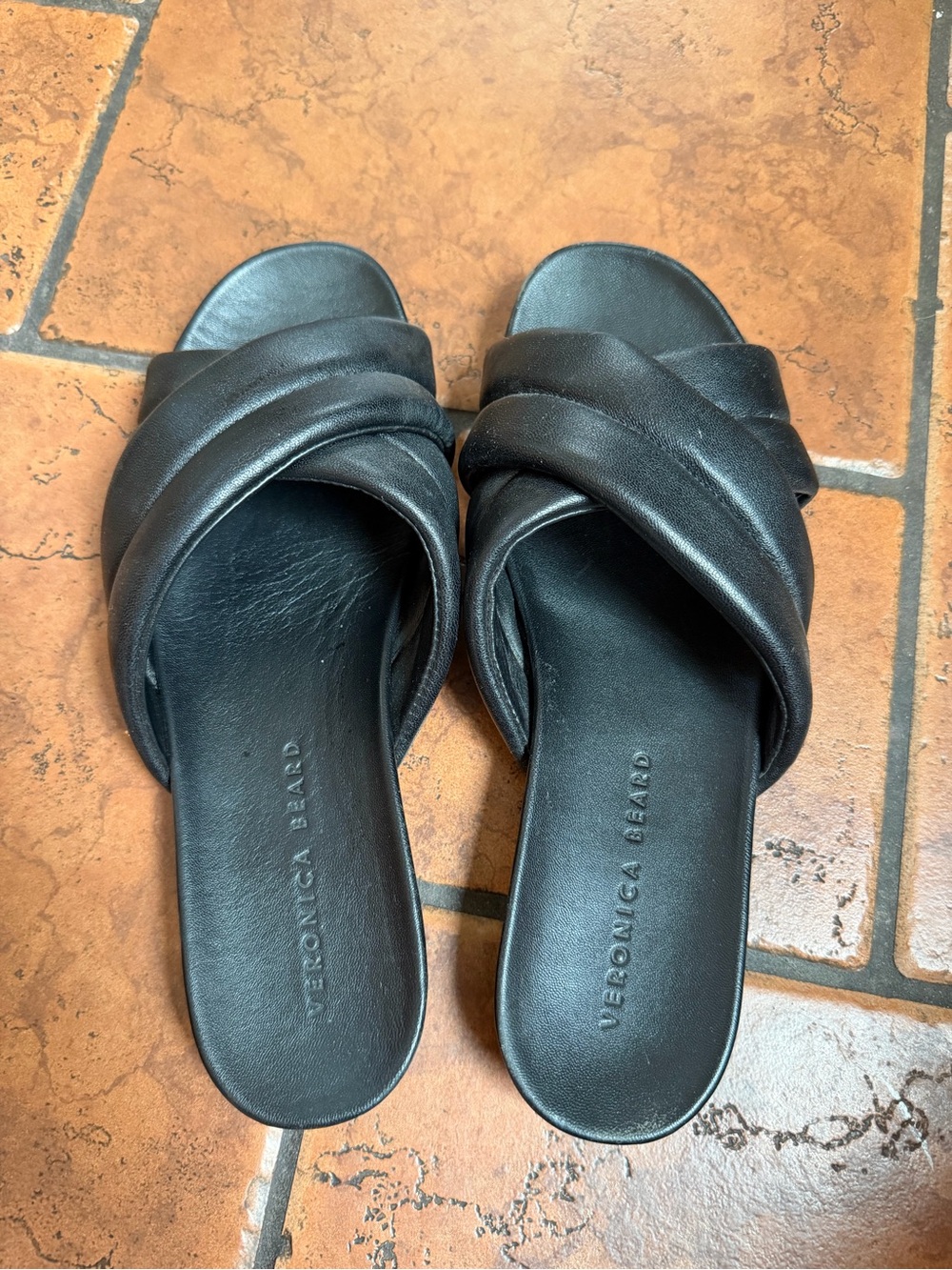 Veronica Beard Black Leather Twisted Crisscross Slide Mules